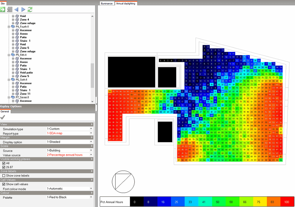 Simulated daylighting analysis with a color-coded grid showing percentage annual hours for building zones.