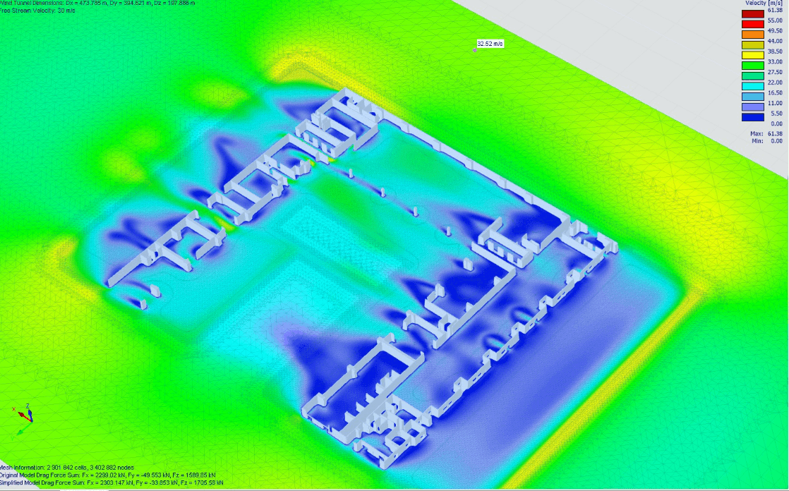 Color-coded fluid dynamics simulation depicting airflow around a complex structure with various velocity gradients.